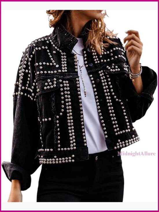 Jackets & Blazers - Distressed Denim Jacket with Fringe Studded Details Crop Fit